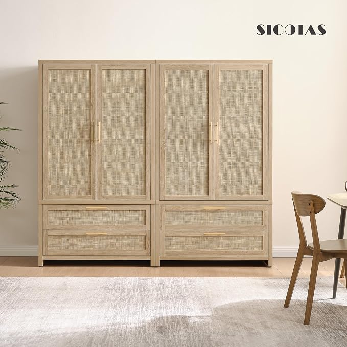 SICOTAS Larger Armoire Wardrobe Closet, 71" Tall Rattan Freestanding Wardrobe Closet Cabinet with Storage and 2 Drawers, Boho Armoire Clothes Organizer with Hanging Rod for Bedroom, Light Oak (2 PCS)