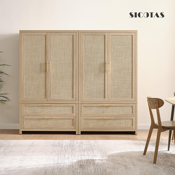 SICOTAS Armoire Wardrobe Closet, Larger Rattan Wardrobe Storage Cabinet with 2 Drawers & Hanging Rod, Boho Large-Capacity Deep Clothes Organizer for Cloakroom, Bedroom, Light Oak (3 PCS)
