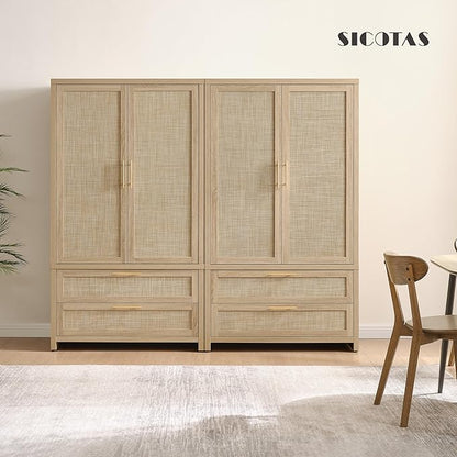 SICOTAS Armoire Wardrobe Closet, Larger Rattan Wardrobe Storage Cabinet with 2 Drawers & Hanging Rod, Boho Large-Capacity Deep Clothes Organizer for Cloakroom, Bedroom, Light Oak (3 PCS)