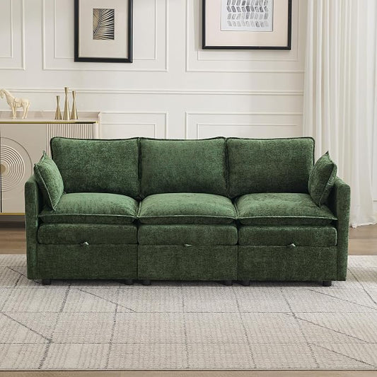 80" Cloud Modular 3 Seater Sofa with Storage, Modern Upholstered Storage Sofa Couch Deep Seat, Sectional Sofa Chenille Comfy Couch with Armrests for Living Room, Small Space, Green
