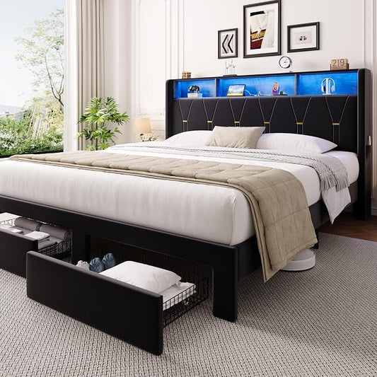 Allewie King Bed Frame with 2-Tier Storage Headboard, Charging Station & LED Lights, Velvet Upholstered Platform Bed with 2 Drawers, Wingback Headboard, Gold Button Tufted, No Box Spring Needed, Black