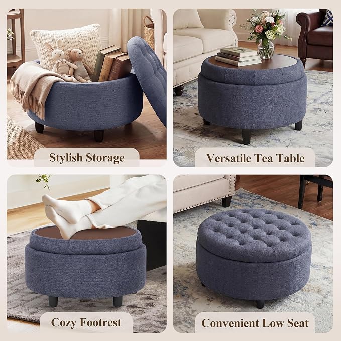COLAMY Round Hidden Storage Ottoman with Reversible Tray Lid – Multi-Functional Footrest, Sturdy & Stylish Fabric Coffee Table for Living Room, Bedroom, or Entryway, Blue