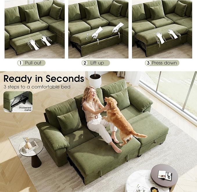 86" Modular Sectional Sleeper Sofa Bed, L Shaped 4 Seat Pull Out Couch with Storage Ottoman, Convertible Cloud Couch Bed, Sectional Couches for Living Room, Apartment (Green)