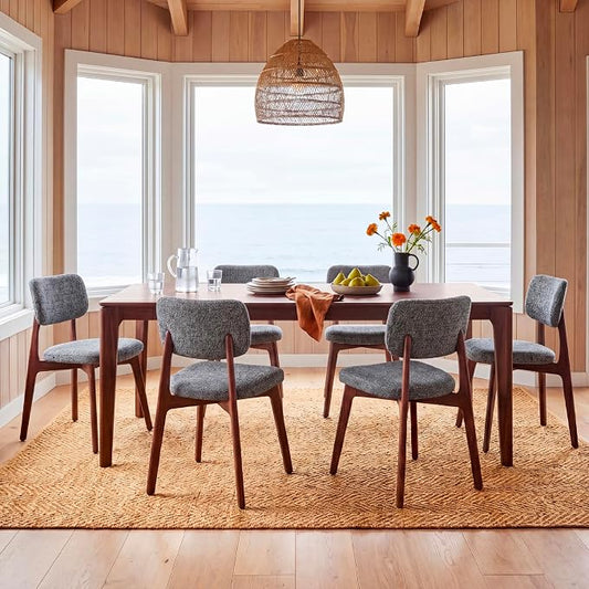 COLAMY Dining Chairs Set of 6, Modern Upholstered Kitchen Room Chairs with Solid Red Oak Wood Legs, 5-Min Easy Assembly Anti-Wobble, High-Weight Fabric Farmhouse Side Chair, 300lbs,Walnut,Darkgrey