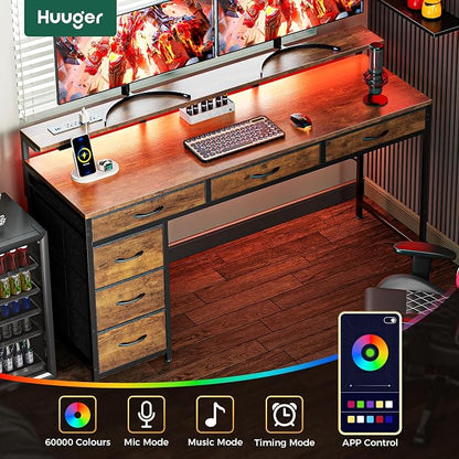 Huuger Gaming Desk with 6 Drawers, Computer Desk with LED Lights Power Outlets and Type-C, 55 Inch Office Desk with Storage, Monitor Stand, Writing Desk for Home Office, Rustic Brown, 1CD102F