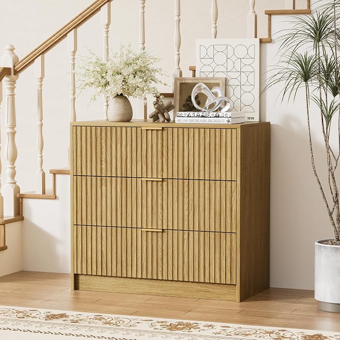 Furniway 3 Piece Bedroom Set, 6 Drawer Dresser and 3-Drawer Nightstand Set of 2 with Gold Handles, Mid-Century Modern Wood Chest of Drawers Storage Cabinet for Bedroom, Natural Oak