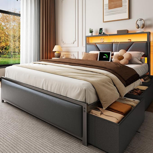 OURPIC Full Size Bed Frame, 2-Tier Storage Headboard & 6 Fabric Drawers, PU Leather Upholstered Platform Bed Frame Full with Charging Station and LED Lights, No Box Spring Needed, Noise Free