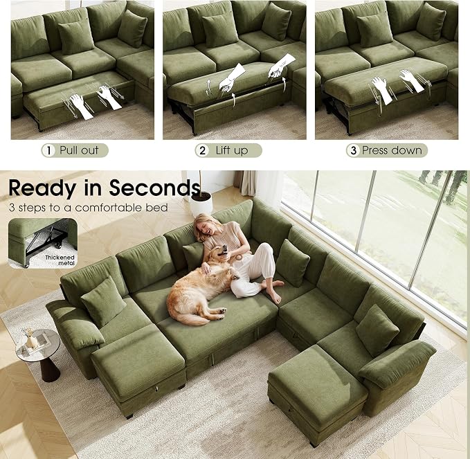 107.8" Oversized Modular Sectional Sofa with Pull Out Bed, 9 Seat U Shaped Sectional Sleeper Sofa with 291L Storage, Convertible Cloud Couch Bed, Sectional Couches for Living Room, Apartment (Green)
