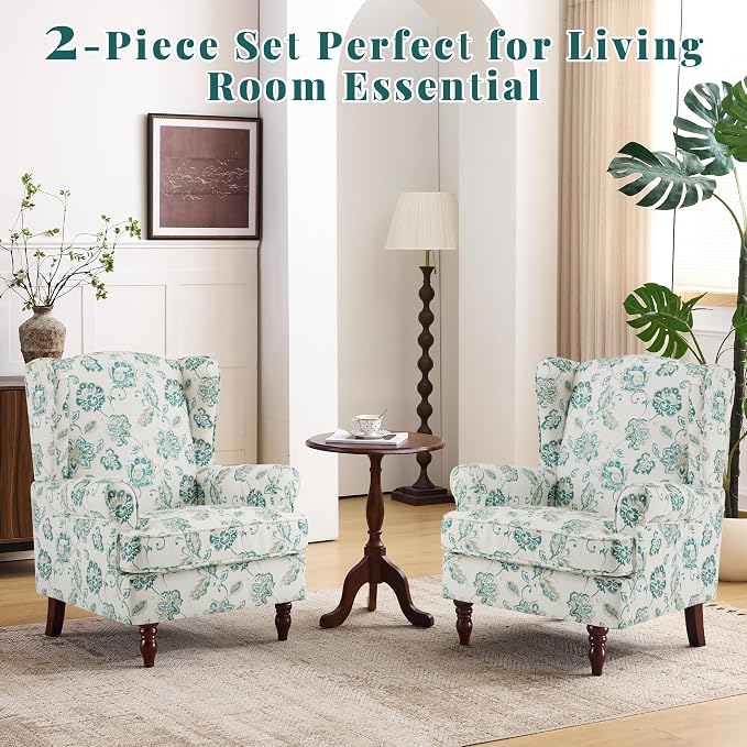 EROMMY Floral Accent Chair, Comfortable High Back Upholstered Armchair with Solid Wood Legs, Leisure Single Sofa Chair for Living Room, Home Office, Bedroom, Light Cyan Floral