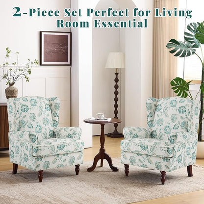 EROMMY Floral Accent Chair, Comfortable High Back Upholstered Armchair with Solid Wood Legs, Leisure Single Sofa Chair for Living Room, Home Office, Bedroom, Light Cyan Floral