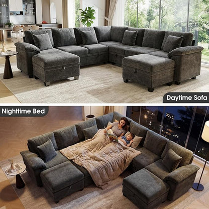 107.8" Oversized Modular Sectional Sofa with Pull Out Bed, 9 Seat U Shaped Sectional Sleeper Sofa with 291L Storage, Convertible Cloud Couch Bed, Sectional Couches for Living Room, Apartment (Gray)