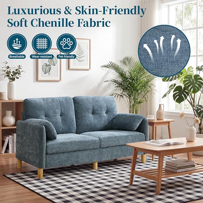 65" Loveseat Sofa, Mid Century Loveseat Couch for Living Room with Storage Pockets, Upholstered Small Loveseat for Small Spaces, Bedroom, Home Office, Apartments, Small Sofa Chenille Navy Blue