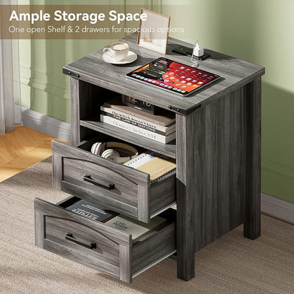 Decofy Farmhouse Nightstand with Charging Station, 18'' Wide Rustic End Table with USB/Type-C Ports, 2 Drawers & Open Shelf, Wood Bedside Table for Bedroom, Grey Oak