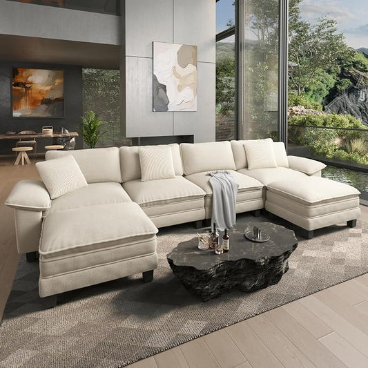 HERA'S HOUSE 158" Oversized Modular Sectional Sofa, Comfy U Shaped Couches for Living Room, Cloud Couch with Ottoman, 6-Seater Deep Seat Sofa with Throw Pillow, Chenille Beige