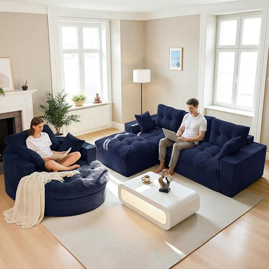 MAXYOYO L Shape Sectional Sofa Couch and Round Chaise Lounge, Modern Cloud Couch with Ottoman, Comfy Sofa with Layered Cushion, Tufted Upholstered Chair for Living Room, No Assembly Required