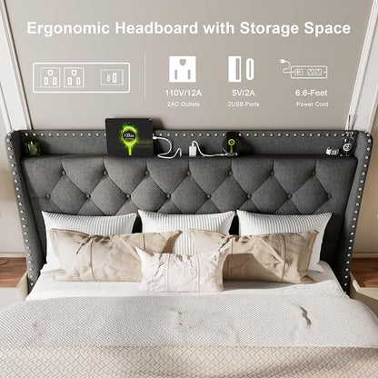 Feonase King Size Bed Frame with Luxury Wingback and Fast Charging Station, Upholstered Button Tufted Storage Headboard, King Platform Bed, Heavy Duty Wooden Slats Support, Easy Assembly, Dark Gray