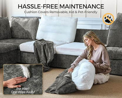 Oversized Modular Sectional Sofa with Double Power Recliner, Cloud Reclining Couch with Headrest, Storage Drawer Charging Cup Holders, Deep L-Shaped 6 Seater with Corner, Chenille, Grey