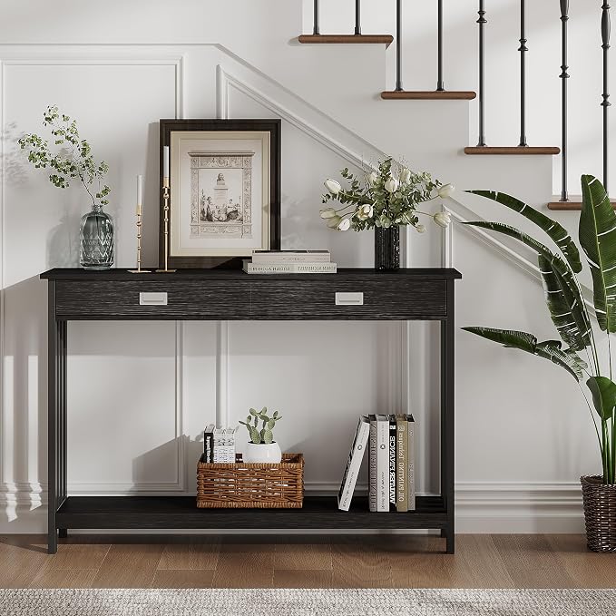ChooChoo 47" Black Entryway Table with Drawer, Narrow Console Table with Storage Shelf, Sofa Table for Living Room, Entryway, and Hallway