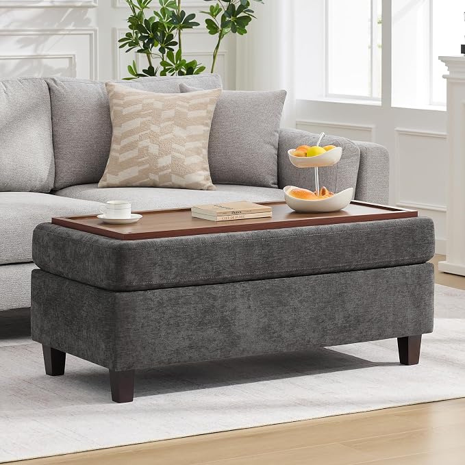 45 Inch Large Storage Ottoman Bench with Wooden Tray Coffee Table, Dark Grey Chenille Upholstered Foot Rest, Multifunctional Foot Stool Ottoman for Living Room, Bedroom & Entryway, Solid Wood Legs