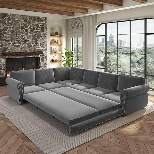 118" L-Shaped Sleeper Couch Bed - Oversize Convertible with Pull-Out Sofa Bed, Button Tufted Chesterfield Sofa, Chenille Sectional Vintage Couches for Living Room/Apartment(6-Seater, Light Grey) | Oversize Convertible