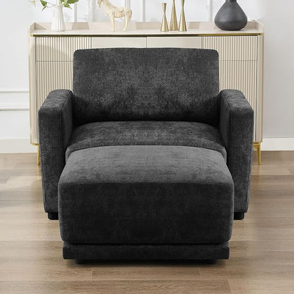 44.2" Chenille Oversized Chair with Movable Ottoman, Modular 1 Seat Couch with Thickened Cushions, Modern Single Sofa Chaise Lounge Reading Chair for Living Room, Small Apartment, Black