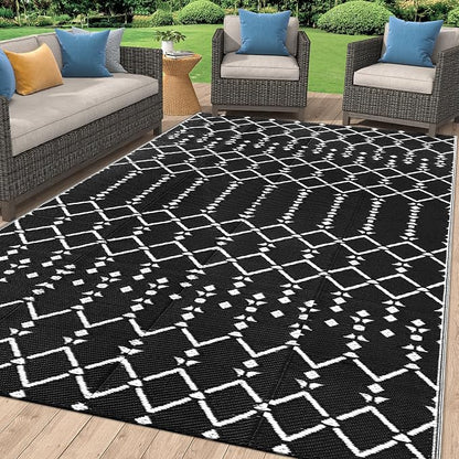 Smiry Outdoor Rug 9x12 ft, Waterproof Reversible Plastic Straw Rugs, Boho Outdoor Area Rug, Outside Floor Mat for Patio, Backyard, Deck, Picnic, Beach, Camping, Black