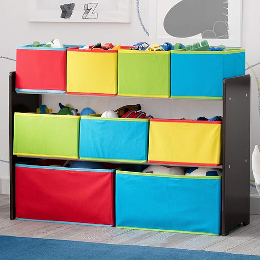 Delta Children Deluxe Multi-Bin Toy Organizer with Storage Bins, Dark Chocolate/Primary Colored Bins