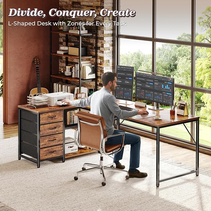 PRAISUN 61" L Shaped Desk with Power Outlets & USB-C Port, Reversible Computer Corner Office Desk with 4 Fabric Drawers and 2 Storage Shelves, Large Desk for Gaming Writing Study, Rustic Brown