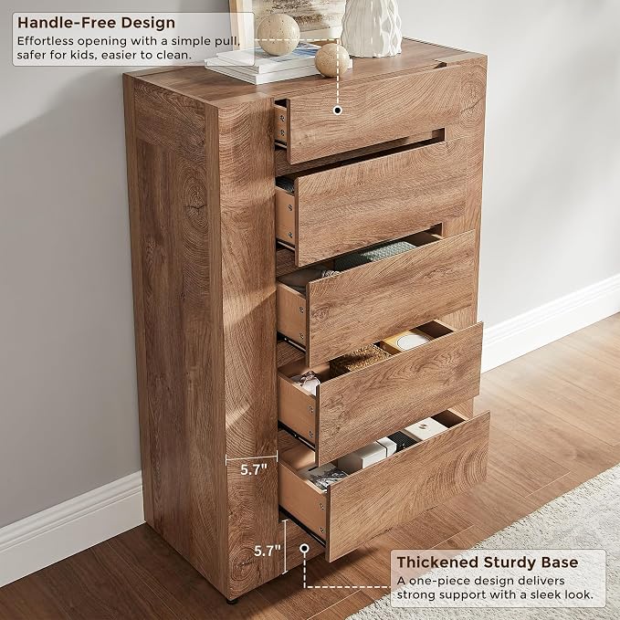 OKD 5 Drawer Dresser for Bedroom, 48" Tall Dresser Chest of Drawers with Thick Wood Design, Handleless, Modern Bedroom Dresser, Storage Organizer for Living Room/Entryway, Light Knotty Wood