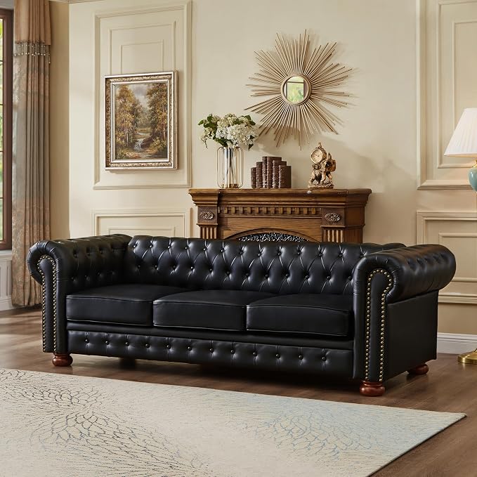 Chesterfield Leather Sofa, 89" Mid Century Modern Couch with Low Back, Roll Arm Nailhead Trim Classic 3 Seater Couch for Living Room, Office, Apartment, PU Black