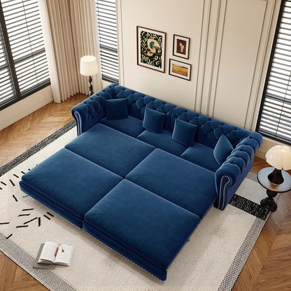 89'' Pull Out Sofa Bed King, Chesterfield Velvet Sleeper Sofa, Convertible L-Shaped Futon Couch, Tufted Back, 4 Pillows, Ottoman, Deep Seat Loveseat Couches for Living Room, Apartment, Blue