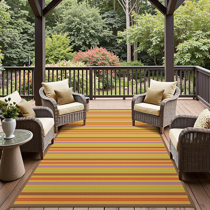 GENIMO Outdoor Rug for Patio Clearance, 9'x12' Reversible Plastic Straw Rugs, Lightweight Waterproof RV Camping Mat for Camper, Balcony, Deck, Backyard, Picnic, Rainbow