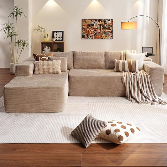 ovios 104" Cloud Boneless Couch with L-Shape Chaise,Modern Sectional Modular Sofa with Deep Seat, Upholstered Couches for Living Room Bedroom,No Assembly Required, Camel (Corduroy Fabric)