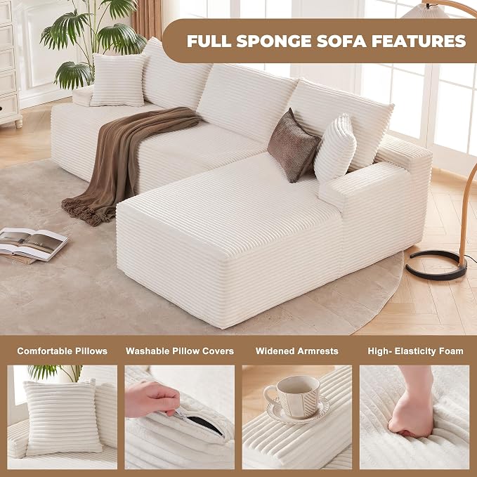 Mangodan Cloud Sectional Sofa, Boneless Couch for Living Room, Modular Sectional Sofa with Deep Seat, Fluffy L-Shaped Comfy Couch with Right-Facing Chaise, No Assembly Required, Beige