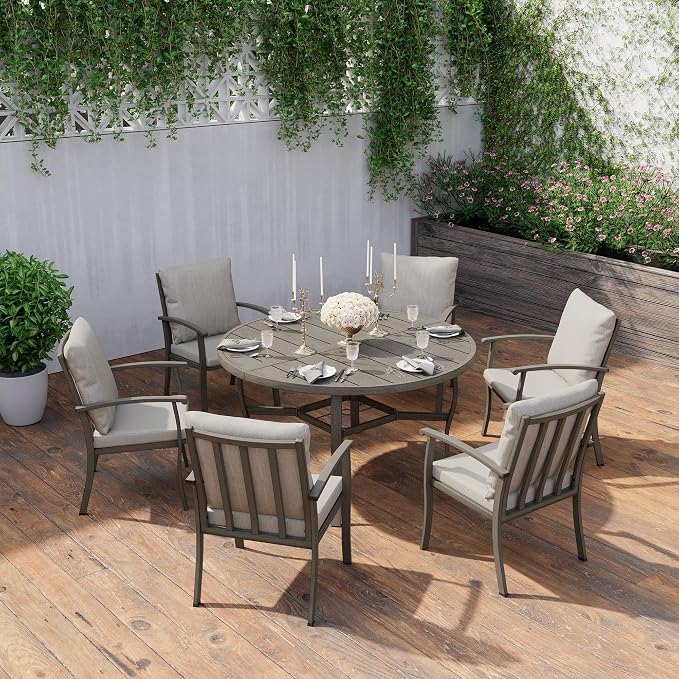 HAPPATIO Patio Dining Set, Aluminum Round Outdoor Dining Set for 6, 52" Round Dining Table with Umbrella Hole and 6 Chairs, Outdoor Table and Chairs with Removable Cushion for Lawn Yard Patio