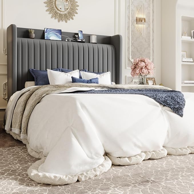 SHA CERLIN Full Size Velvet Bed Frame with USB Charging Station, Wingback Storage Headboard, Upholstered Platform Bed with Wooden Slats Support, No Box Spring Needed, Easy Assembly, Grey
