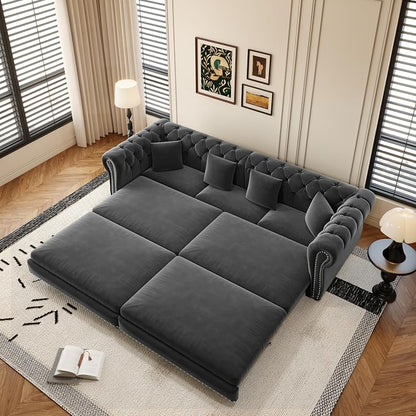 89'' Pull Out Sofa Bed King, Chesterfield Velvet Sleeper Sofa, Convertible L-Shaped Futon Couch, Tufted Back, 4 Pillows, Ottoman, Deep Seat Loveseat Couches for Living Room, Apartment, Gray