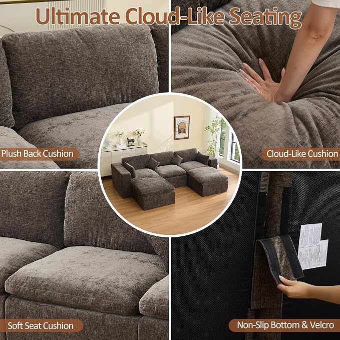 115'' Cloud Boneless Sectional Couch, Modular Sectional Sofa Deep Seat with 2 Ottomans, Oversized Upholstered Convertible Comfy 5 Seater Chenille Sofa U Shape Couches for Living Room, Brown