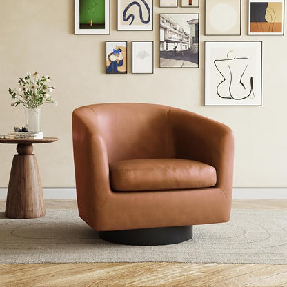 360° Swivel Barrel Accent Chair Armchair, PU Leather Round Club Arm Chair for Lving Room, Modern Upholstered Small Bedroom Single Sofa Seat - Brown, Set of 1