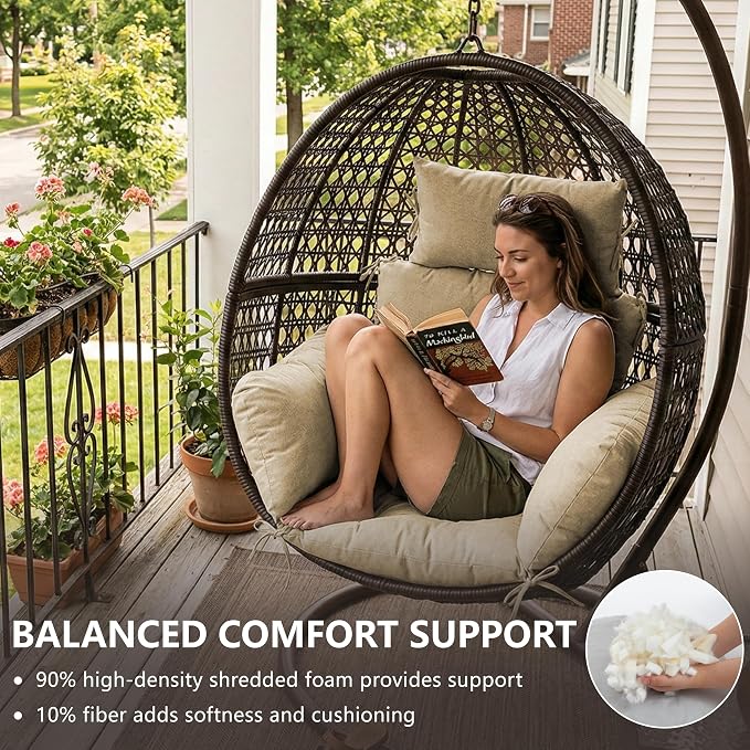 Egg Chair Cushion with 8 Securing Straps, Water-Repellent & Fade-Resistant Faux Linen, Removable Cover, Replacement Cushion for Most Single Outdoor Hanging Swing Egg Chairs – Nature