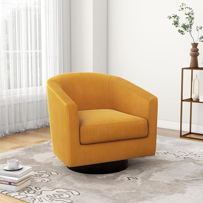 Swivel Accent Chair, Upholstered Corduroy Barrel Chair for Living Room, Small Single Sofa Bedroom Reading Seat, Orange