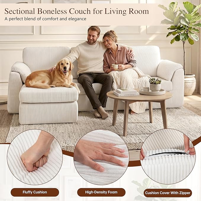 Sectional Couches for Living Room Cloud Couch with Ottoman, Upholstered Boneless Couches Modern Modular L Shaped Couch 3 Seater Sofa, No Assembly Required, Washable Covers, White