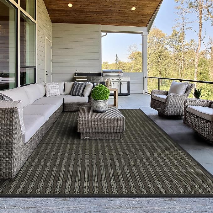 GENIMO Outdoor Rug for Patio Clearance, 8'x10' Reversible Plastic Straw Rugs, Lightweight Waterproof RV Camping Mat for Camper, Balcony, Deck, Backyard, Picnic, Black & Brown