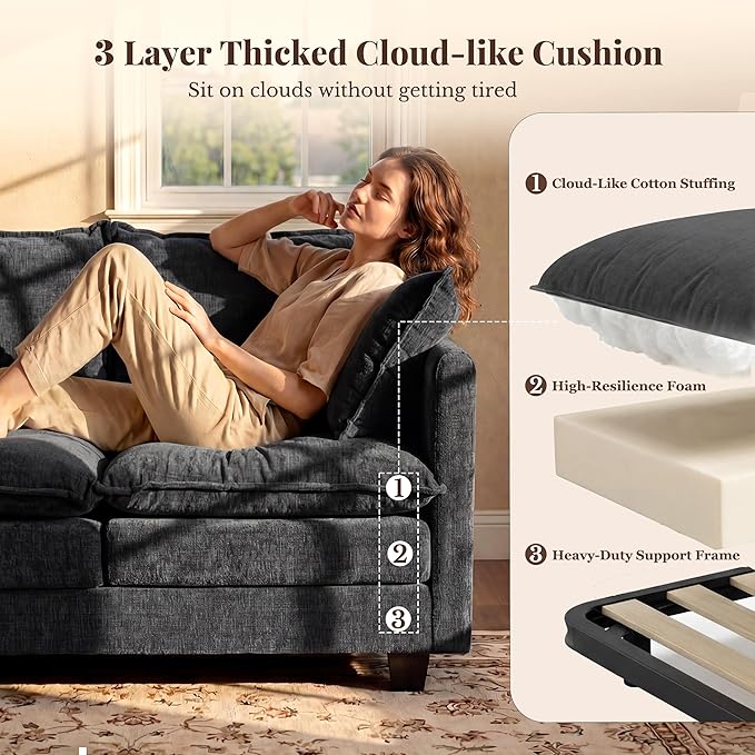 Loveseat Sofa with Cloud 3-Layer Cushion & 27" Deep Seat, Modern Small Couch with 2 Washable Pillows for Small Spaces, Bedroom, Apartment, Office, Living Room, in a Box, 50-Inch Black