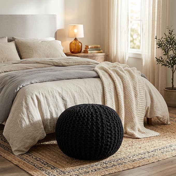 BIRDROCK HOME Round Pouf Ottoman Foot Rest - 18.5”x18.5”x15” Boho Compact Comfortable Soft Cotton Braided Foot Stool with Bean Bag Filling for Living Room, Bedroom, or Nursery (Black)