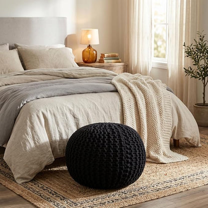 BIRDROCK HOME Round Pouf Ottoman Foot Rest - 18.5”x18.5”x15” Boho Compact Comfortable Soft Cotton Braided Foot Stool with Bean Bag Filling for Living Room, Bedroom, or Nursery (Black)