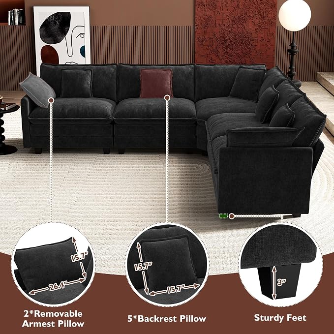 Ihanherry 114" V-Shaped Modern Sofa Modular Sectional Cloud Couch with Corner Section, 5-Seat Chenille Deep Seat Sofa with 5 Pillows for Living Room, Bedroom and Apartment, Black