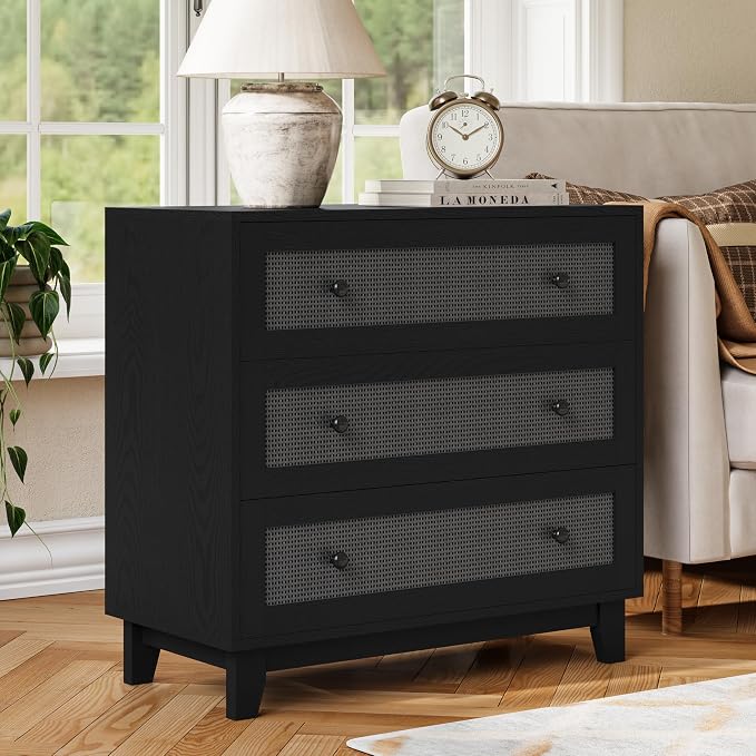 Rattan 3 Drawer Dresser for Bedroom, Small Boho Black Dresser with Wood Handles, Wood Nightstand, 29.52" Wide Modern Dresser, Chests of Drawers for Living Room, Entryway, Hallway