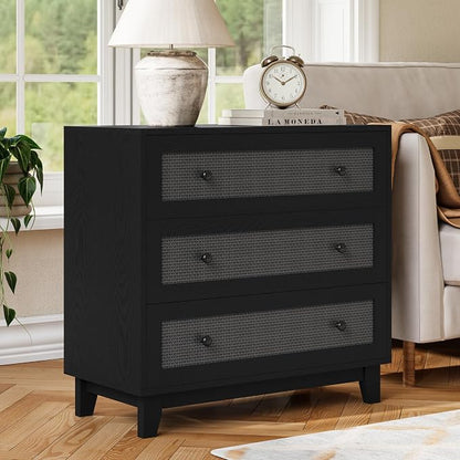 Rattan 3 Drawer Dresser for Bedroom, Small Boho Black Dresser with Wood Handles, Wood Nightstand, 29.52" Wide Modern Dresser, Chests of Drawers for Living Room, Entryway, Hallway