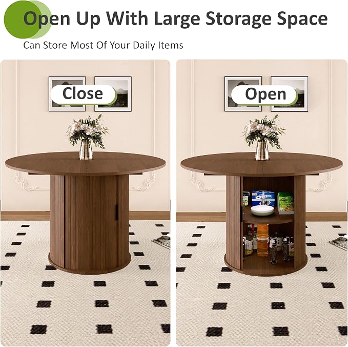 Dining Table for 4-6,59“Extendable Round Dining Room Kitchen Table with Storage,Round Table for Living Room,Fluted Wood Table with Slide Door,Expandable Oval Dinner Furniture with Pedestal Base,Walnut